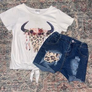 Leopard Print Bull Skull White Kids Shirt